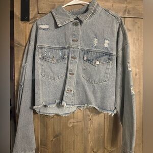 Cropped Blue Jean Jacket with Distressed Hem